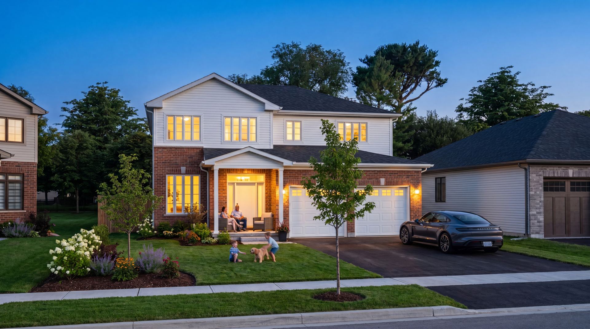 The Loon — elegant two-storey home with couple on porch and child with puppy